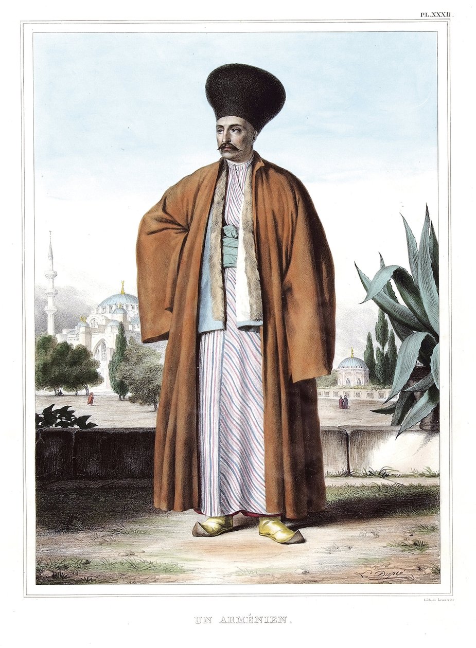 Ein Armenier. in „Reise nach Athen und Konstantinopel, oder Sammlung griechischer und osmanischer Porträts, Ansichten und Kostüme, nach der Natur gemalt, lithographiert und koloriert von Louis Dupre (1789-1837), Schüler von David.1825. von Louis Dupré