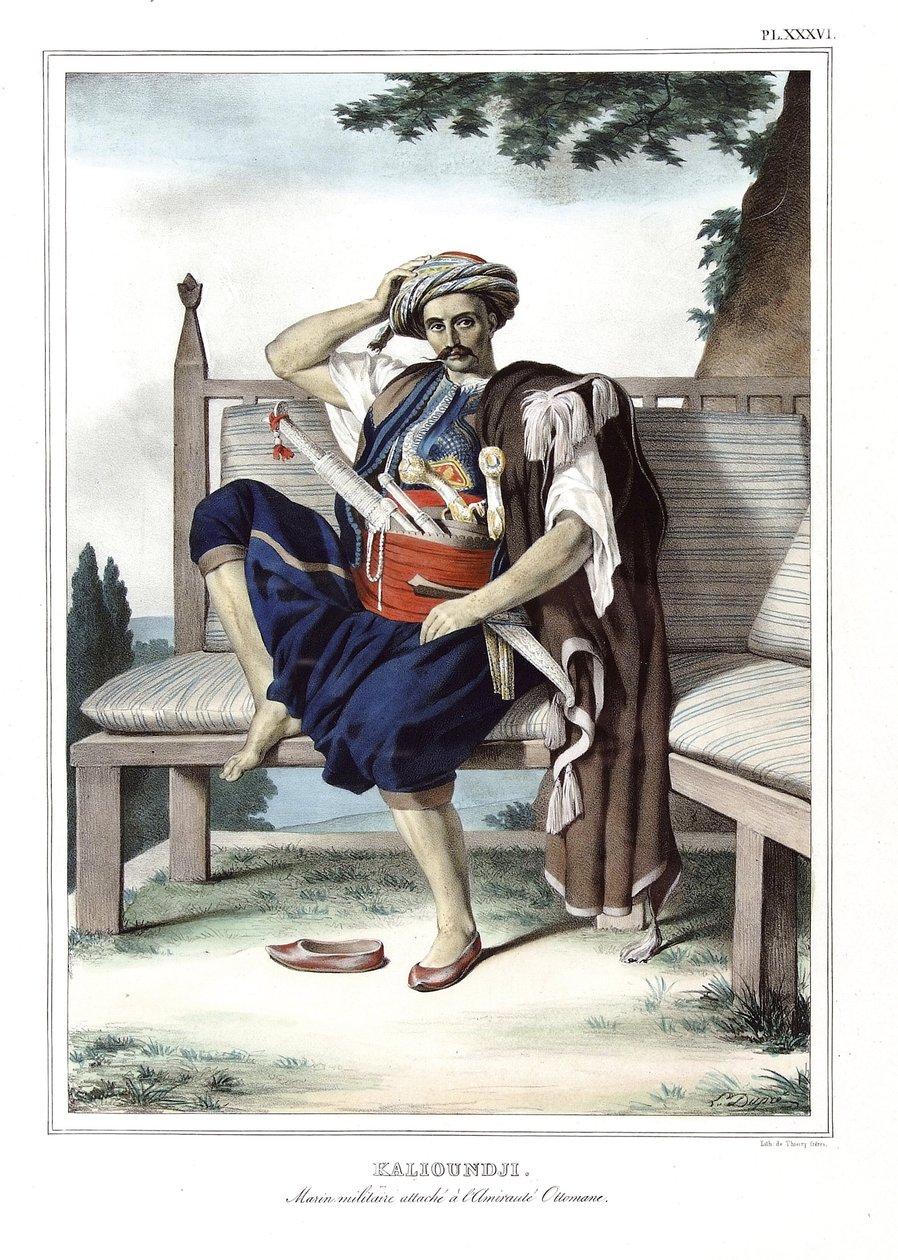 Kalioundji, Militärmatrose, der dem osmanischen Admiralstab angehört. in „Reise nach Athen und Konstantinopel, oder Sammlung griechischer und osmanischer Porträts, Ansichten und Kostüme, nach der Natur gemalt, lithographiert und koloriert von Louis Dupre ( von Louis Dupré