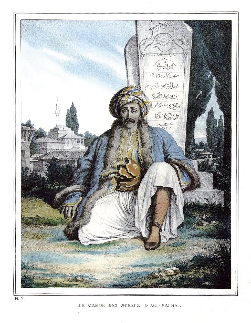 Der Siegelbewahrer von Ali Pascha de Janina (1741-1822), in „Reise nach Athen und Konstantinopel, oder Sammlung griechischer und osmanischer Porträts, Ansichten und Kostüme, nach der Natur gemalt, lithografiert und koloriert von Louis Dupre (1789-1837), Sc von Louis Dupré