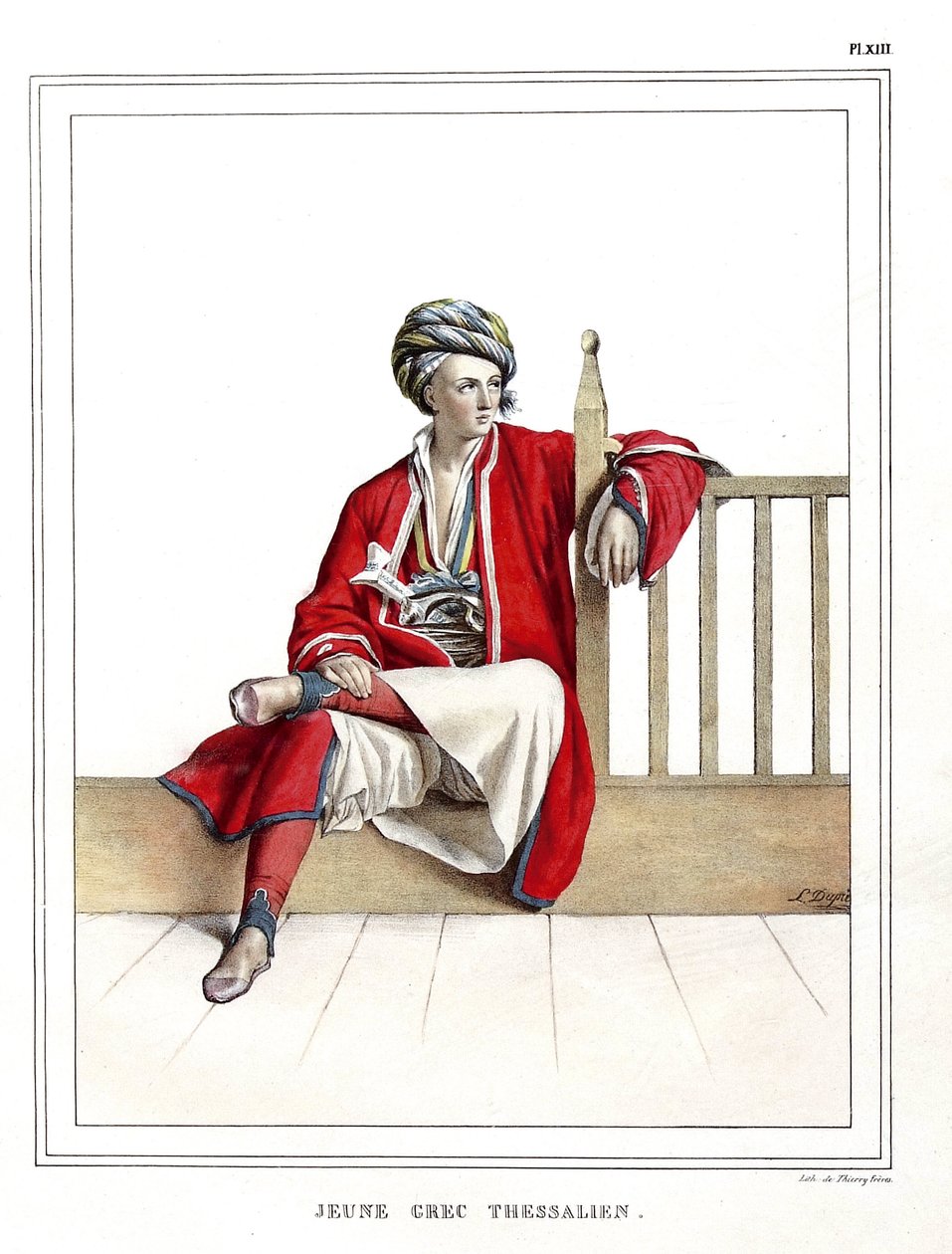 Junger griechischer Thessalier. in „Reise nach Athen und Konstantinopel, oder Sammlung griechischer und osmanischer Porträts, Ansichten und Kostüme, nach der Natur gemalt, lithografiert und koloriert von Louis Dupre (1789-1837), Schüler von David.1825. von Louis Dupré