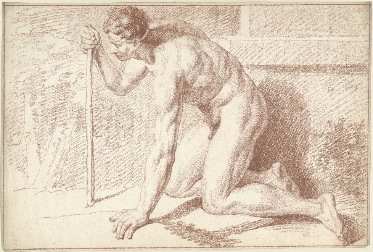 Männlicher Akt, kniend, mit Stock, nach links von Louis Fabritius Dubourg