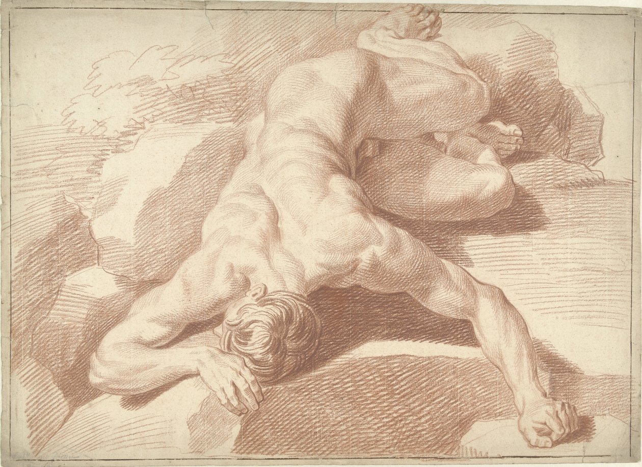 Männlicher Akt, auf dem Bauch liegend, verkürzt dargestellt von Louis Fabritius Dubourg