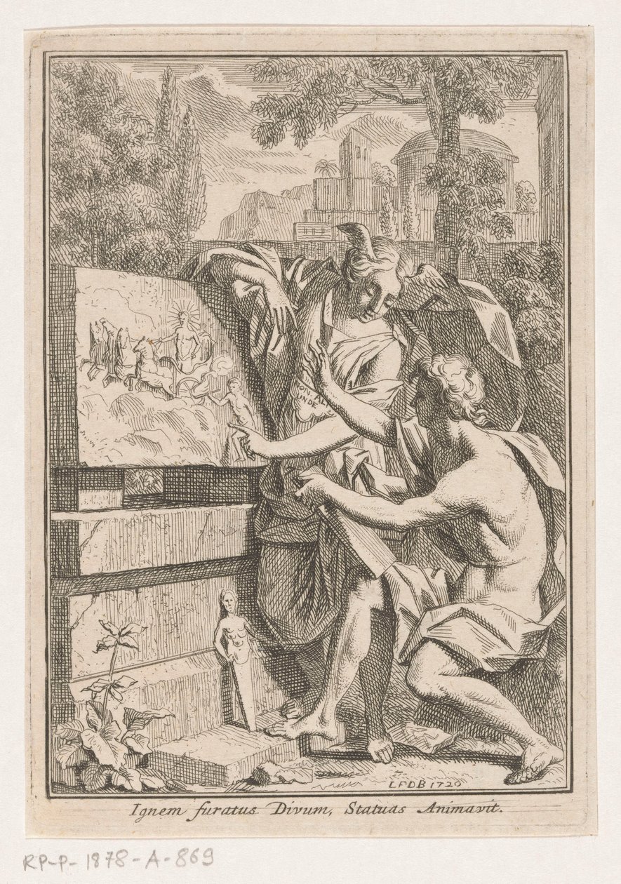 Frau mit geflügeltem Kopf zeigt einem jungen Mann ein Basrelief von Louis Fabritius Dubourg