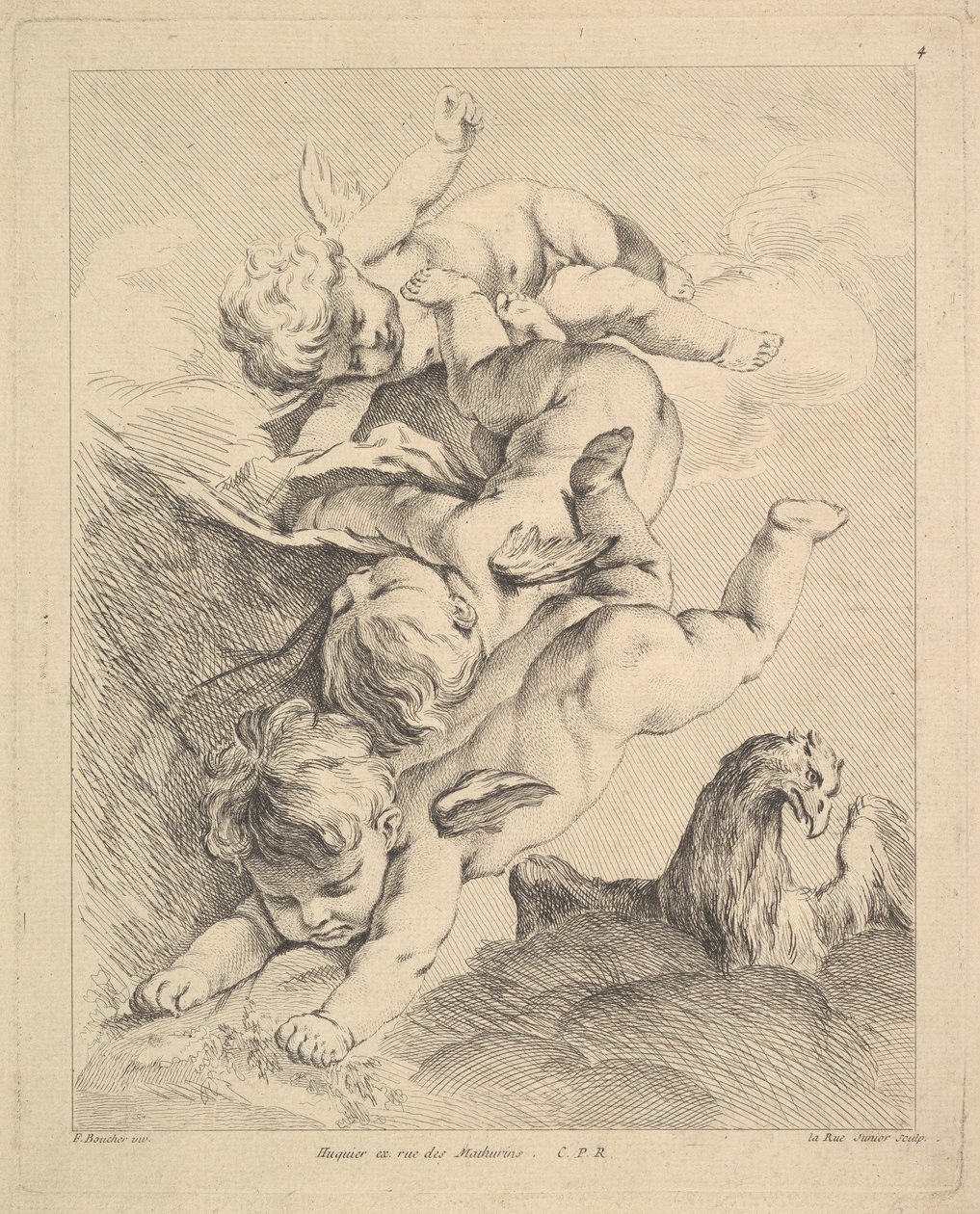 Drei Cupidos machen einen Purzelbaum, ein Adler rechts von Louis Felix de la Rue