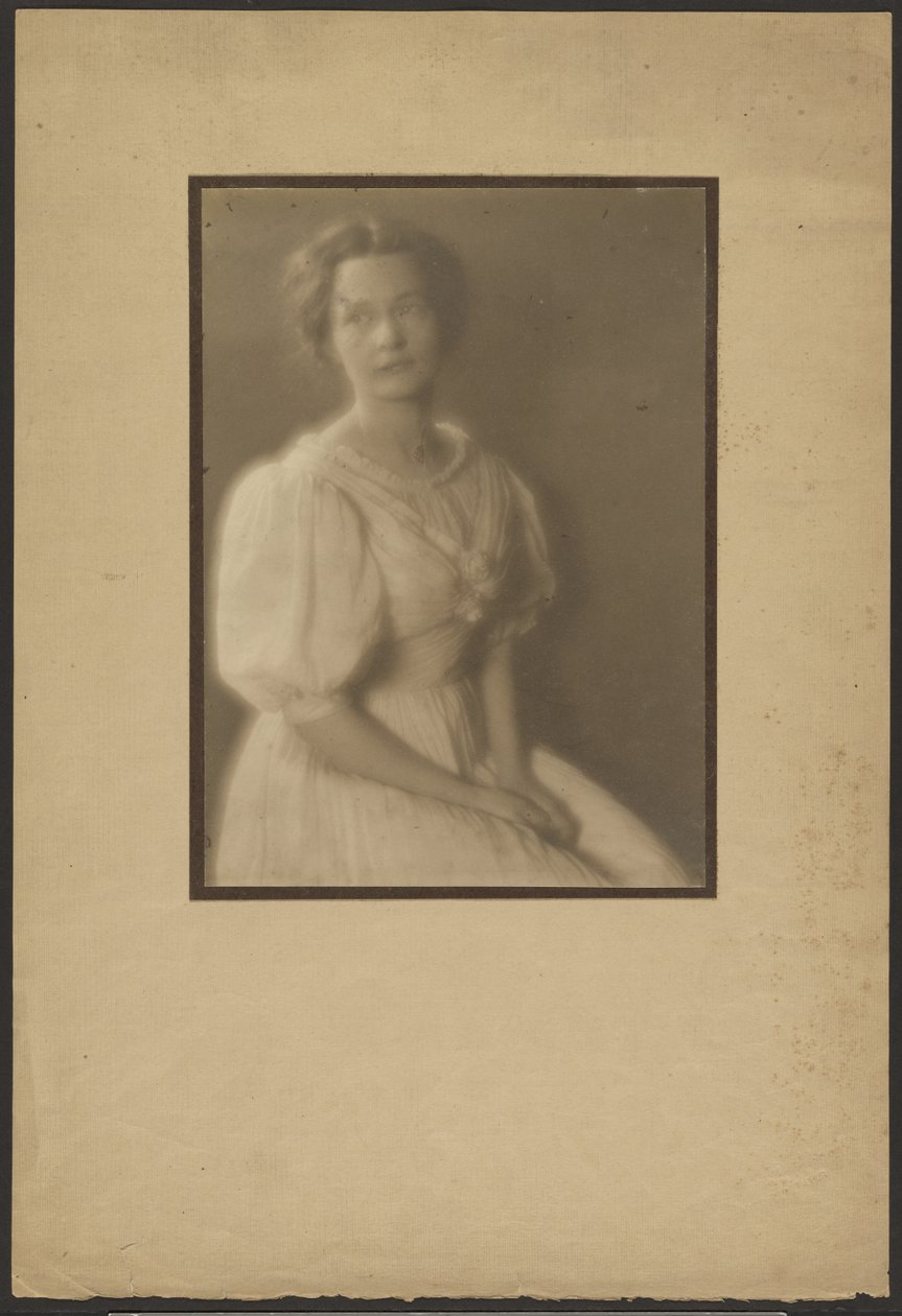 [Porträt einer Frau in einem Kleid mit Seidenrosen] von Louis Fleckenstein
