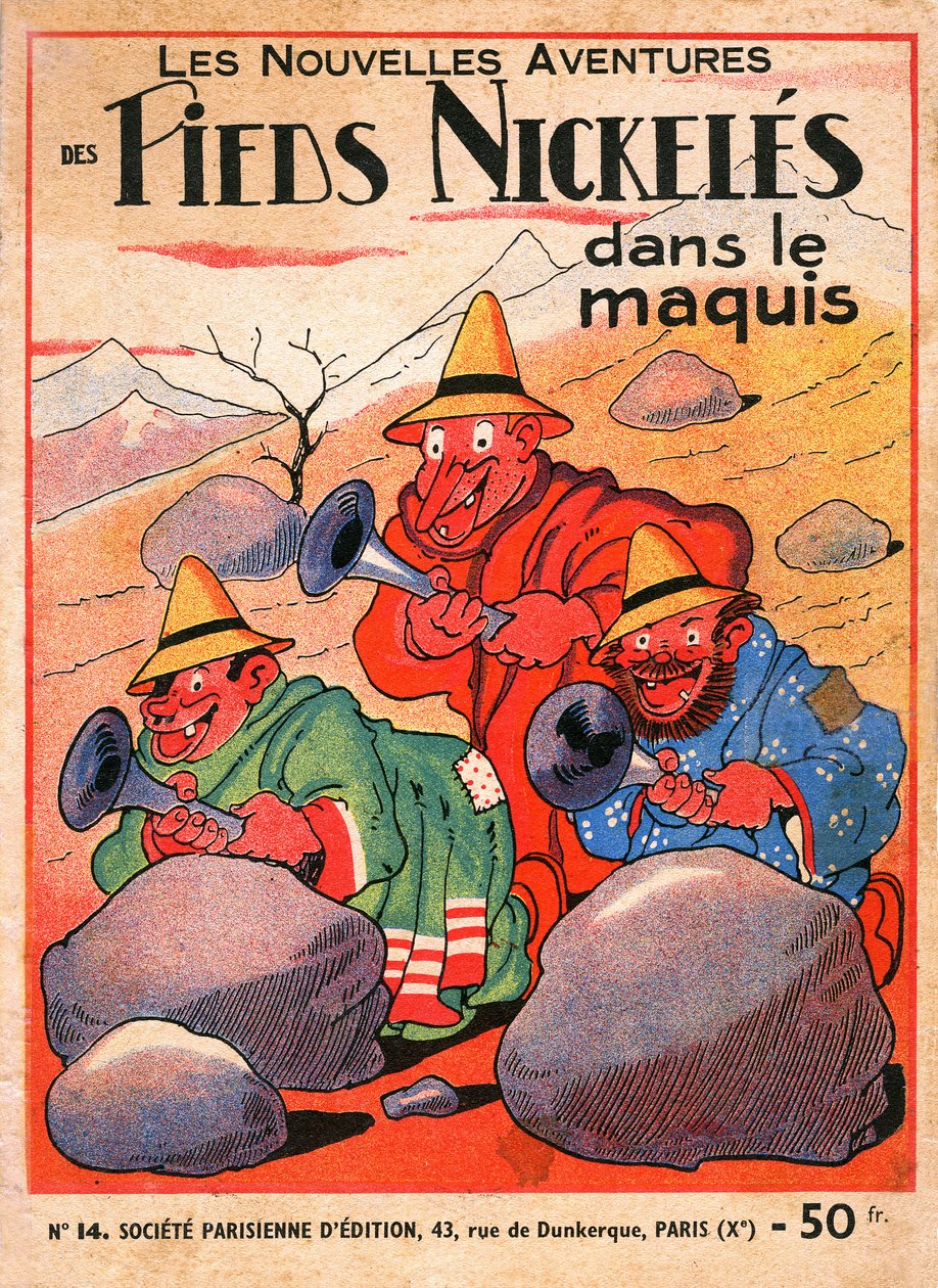 Titelbild eines Comic-Albums von Louis Forton: Les Pieds Nickeles dans le maquis (Ausgabe 1949 des Bandes 14 der Abenteuer des Trios). Croquignol, Ribouldingue und Filochard auf Korsika. von Louis Forton