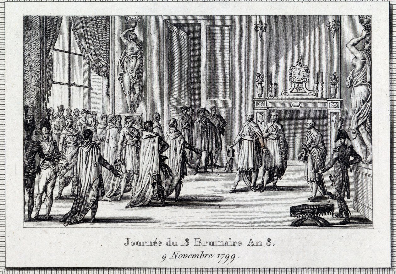 Konsulat: „Napoleon Bonaparte (1769-1821) bei der Sitzung von Saint Cloud am 18. Brumaire (9.11.1799)“ Der Staatsstreich des 18. Brumaire von Napoleon Bonaparte im Rat der Fünfhundert (Raum der 500), geschützt von Grenadieren, beendet die D von Louis Francois Couche