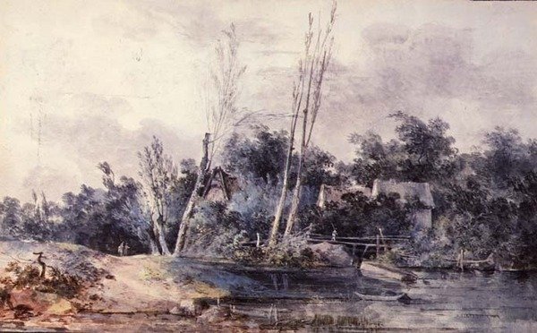 Hütten und Weiden an einem Bach mit Figuren von Louis Gabriel Moreau