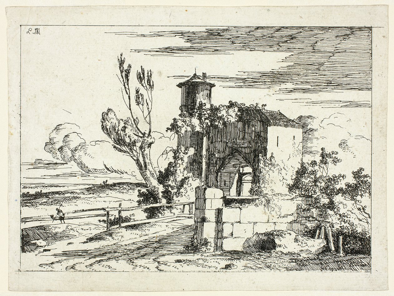 Landschaft mit altem Tor von Louis Gabriel Moreau