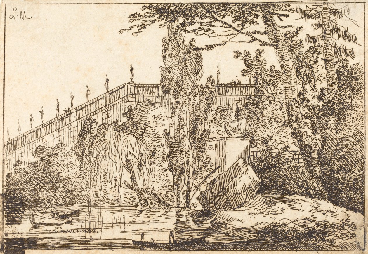 Park mit Terrasse und einer Balustrade mit Statuen von Louis Gabriel Moreau the Elder