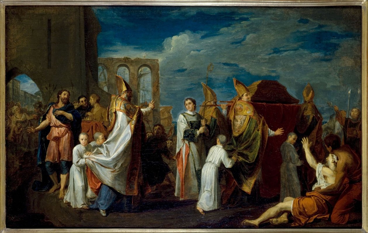 Die Überführung der Reliquien des Heiligen Augustinus, Skizze für das Gemälde im Refektorium des Petits-Pères-Klosters (Notre-Dame-des-Victoires-Kirche), heutiges 2. Arrondissement, ca. 1698-1708 von Louis Galloche