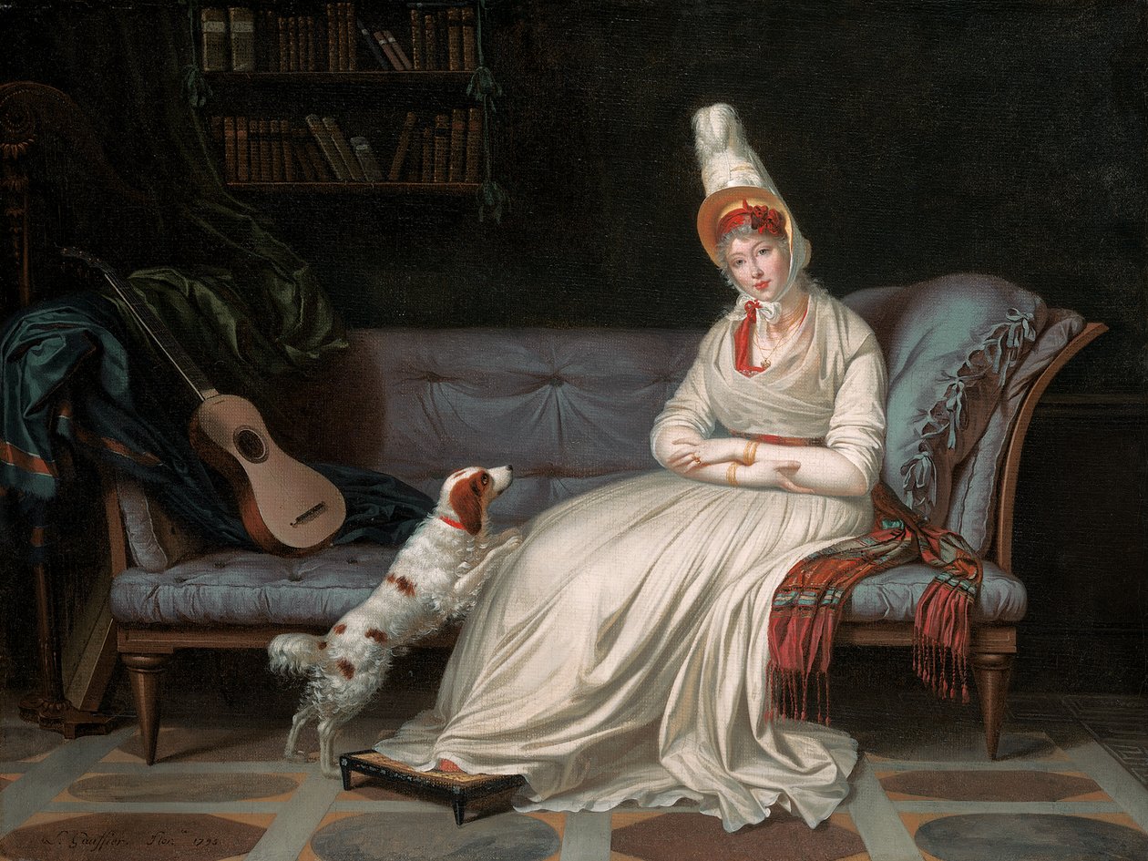 Porträt von Elizabeth, Lady Webster, später Lady Holland, in einem weißen Kleid mit ihrem Spaniel Pierrot, ca. 1795 von Louis Gauffier