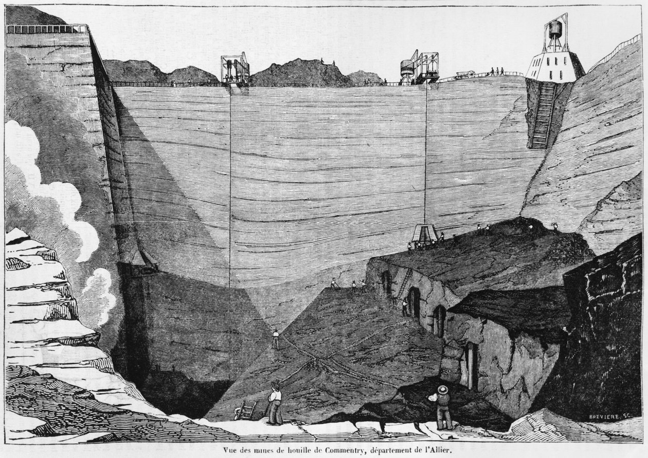 Die Kohlenmine in Commentry, Illustration aus Le Magasin Pittoresque, 1835 von Louis Henri Brévière