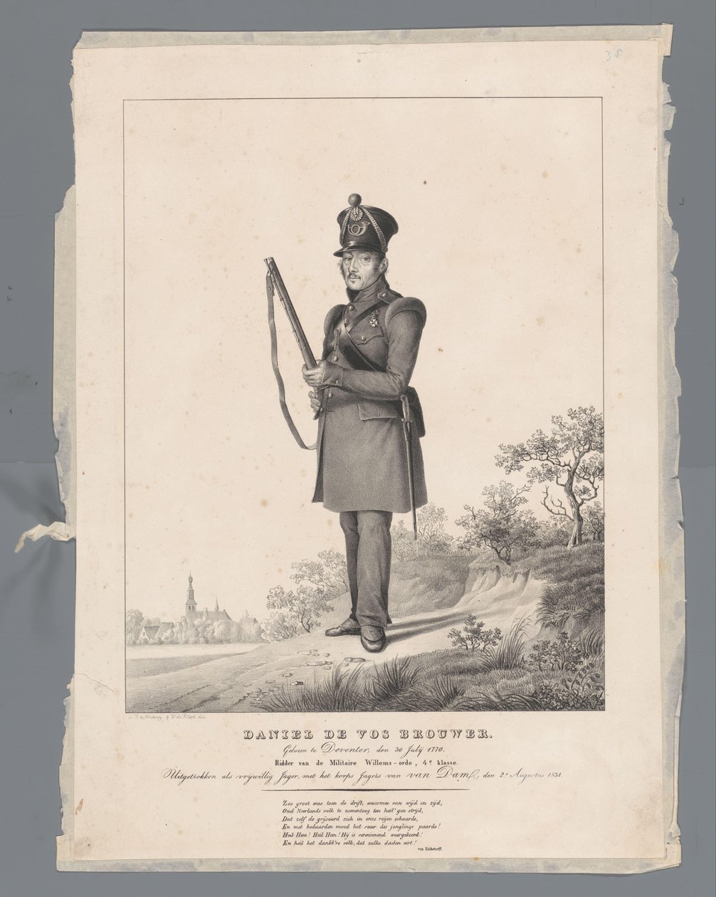 Daniel de Vos Brouwer. Geboren in Deventer, 30. Juli 1770. Ritter des Militär-Wilhelms-Ordens, 4. Klasse. Ausgezogen als freiwilliger Jäger mit dem Korps Jäger von Van Dam, 2. August 1831 von Louis Henri de Fontenay