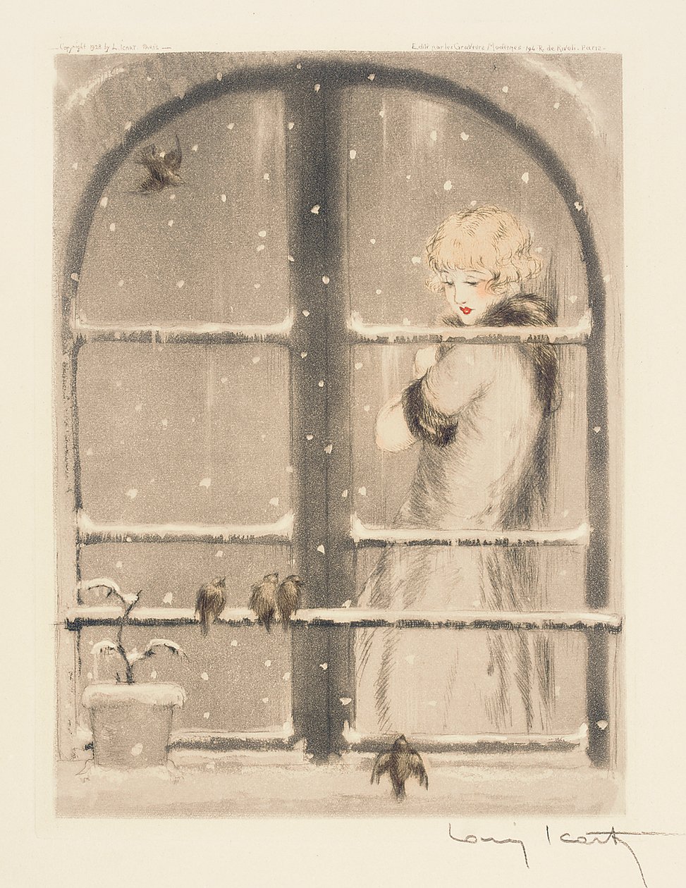 Die vier Jahreszeiten: Winter, ca. 1928 (handkolorierte Radierung & Aquatinta) von Louis Icart