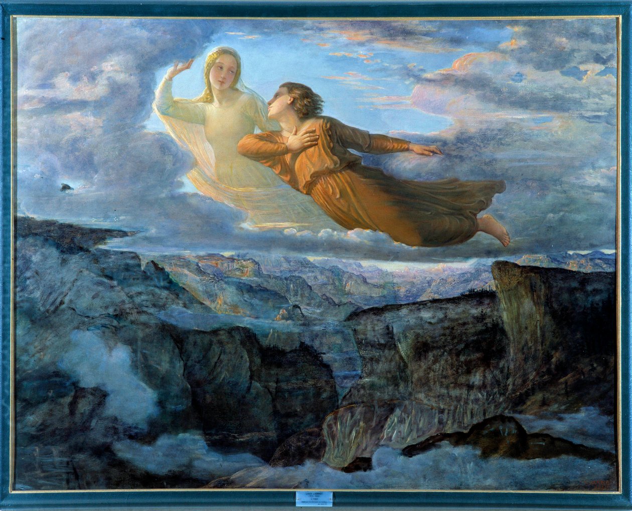 Das Gedicht der Seele; Das Ideal, eine junge Frau, die über einer Berglandschaft in die Luft erhoben wird und von einer Muse in einer lyrischen Atmosphäre begleitet wird von Louis Janmot