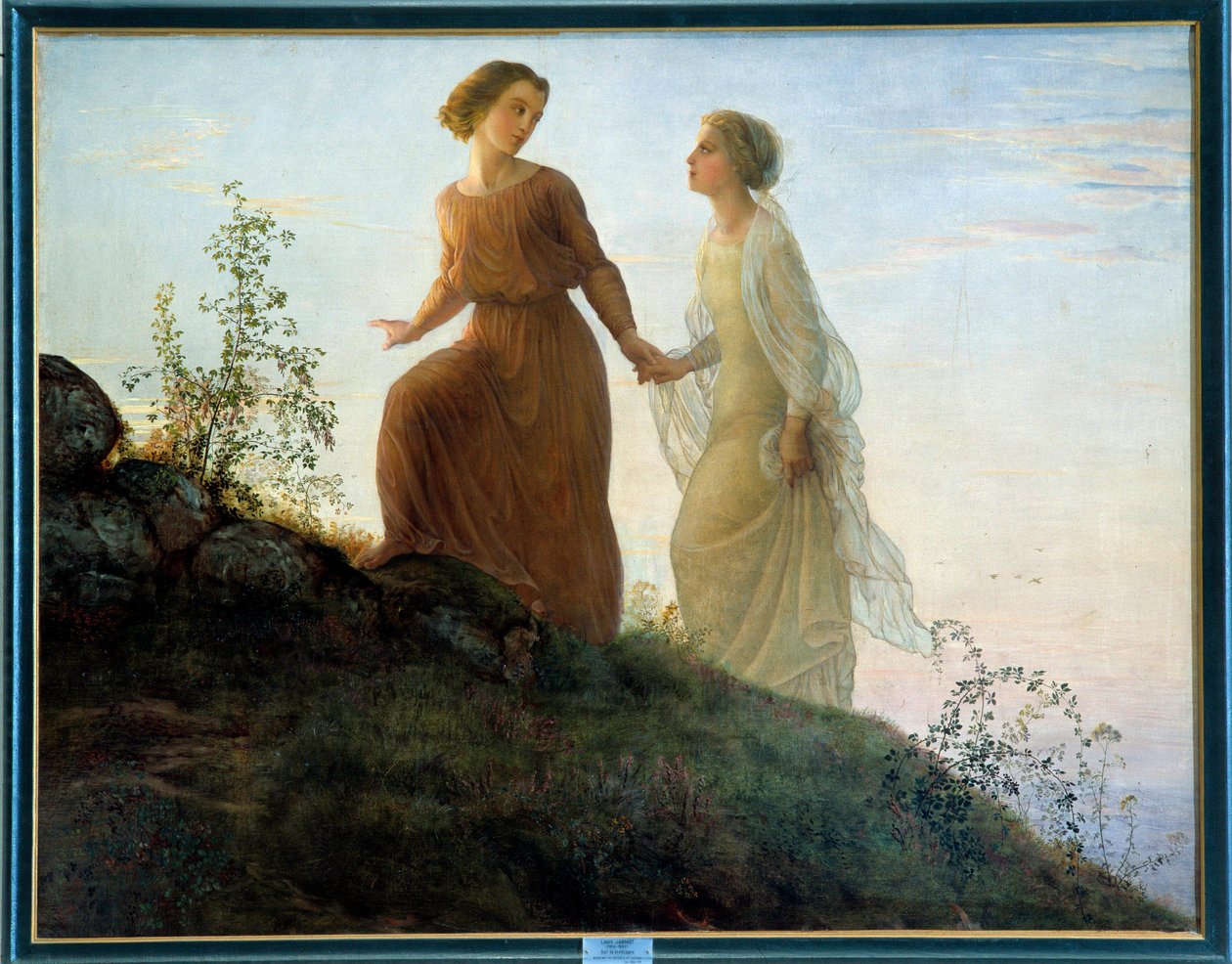Das Gedicht der Seele; Auf dem Berg, eine junge Frau begleitet von einer Muse erklimmt einen Berg in lyrischer Atmosphäre von Louis Janmot