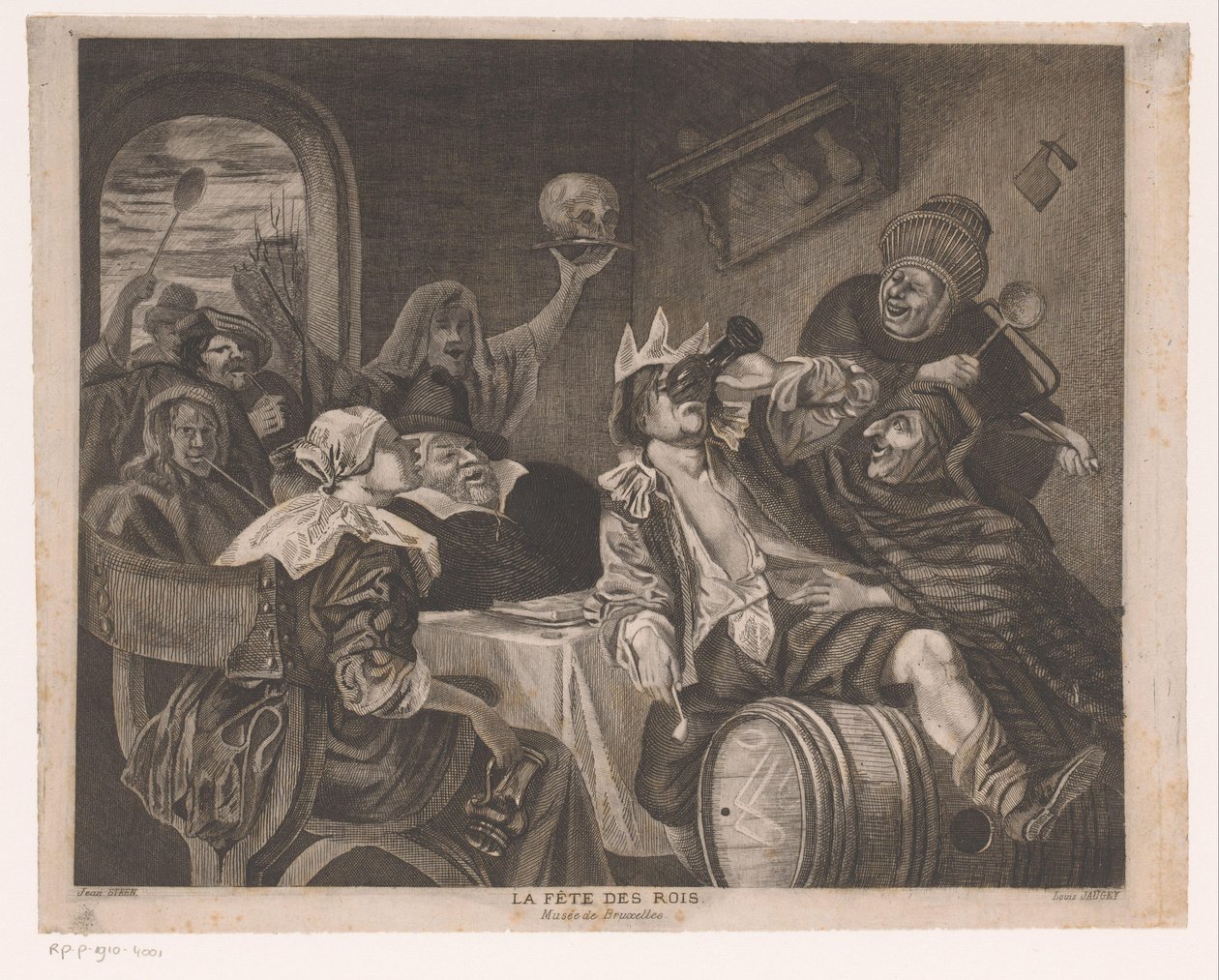 Feiernde Gesellschaft mit einem trinkenden Mann mit Krone von Louis Jaugey