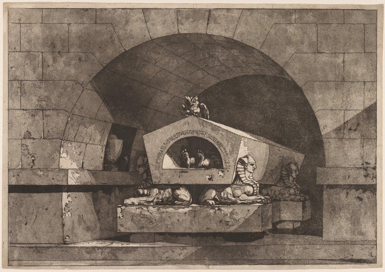 Grab mit Sphinx: Grabdenkmal mit einer Eule auf einem Sarkophag, unterstützt von einer Sphinx von Louis Jean Desprez