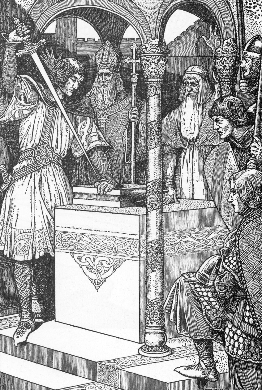 Arthur zog das Schwert Excalibur aus einem Amboss Illustration von Louis Rhead (1858-1926) aus „King Arthur and his knights“ 1923 Private Sammlung von Louis John Rhead