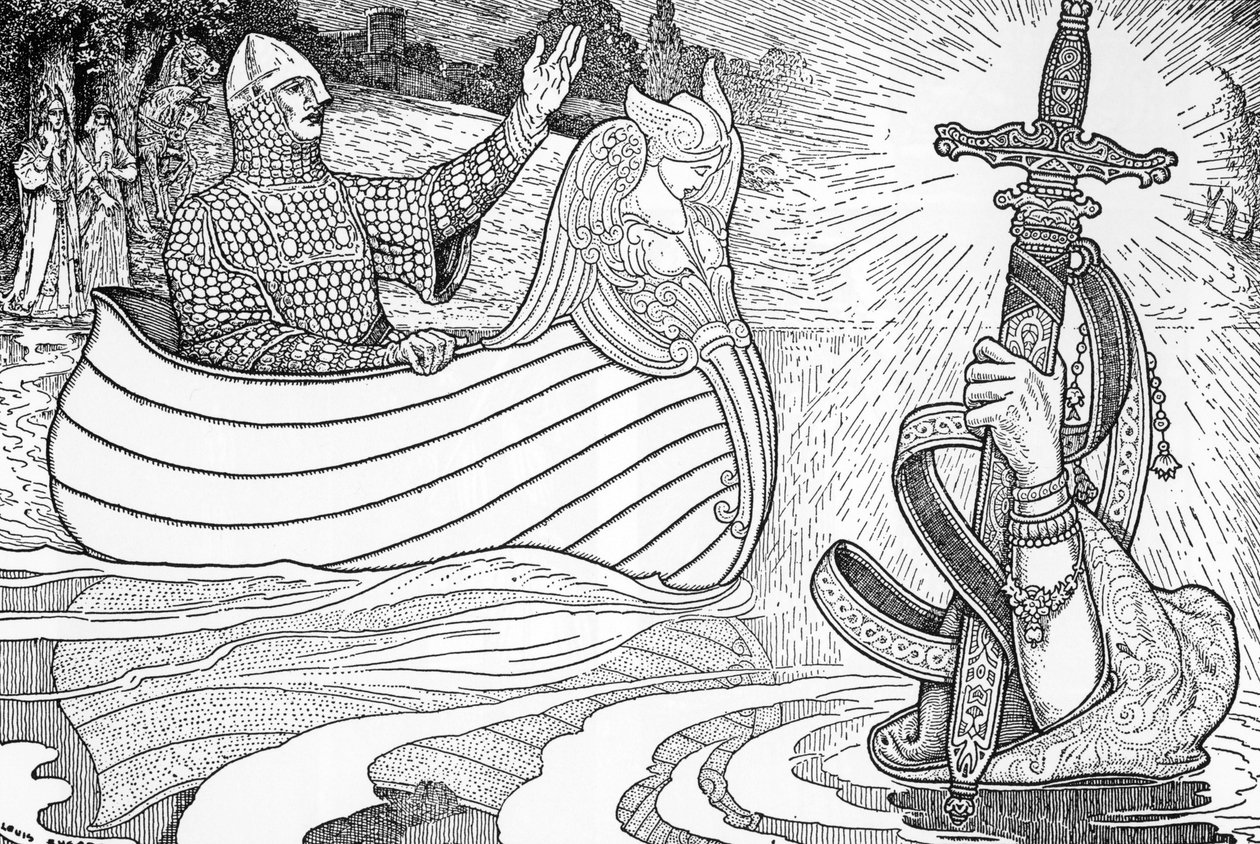 Darstellung der Dame vom See (Fee Viviane), Charakter der Artussagen, die König Artus das Schwert Excalibur überreicht von Louis John Rhead