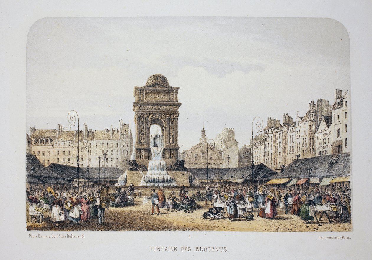 Brunnen der Unschuldigen (Brunnen der Nymphen), Paris. Lithografie Aquarell, Illustration von Arnout, in „Album, Souvenirs de Paris“, Daziaro Herausgeber, Paris von Louis Jules Arnout