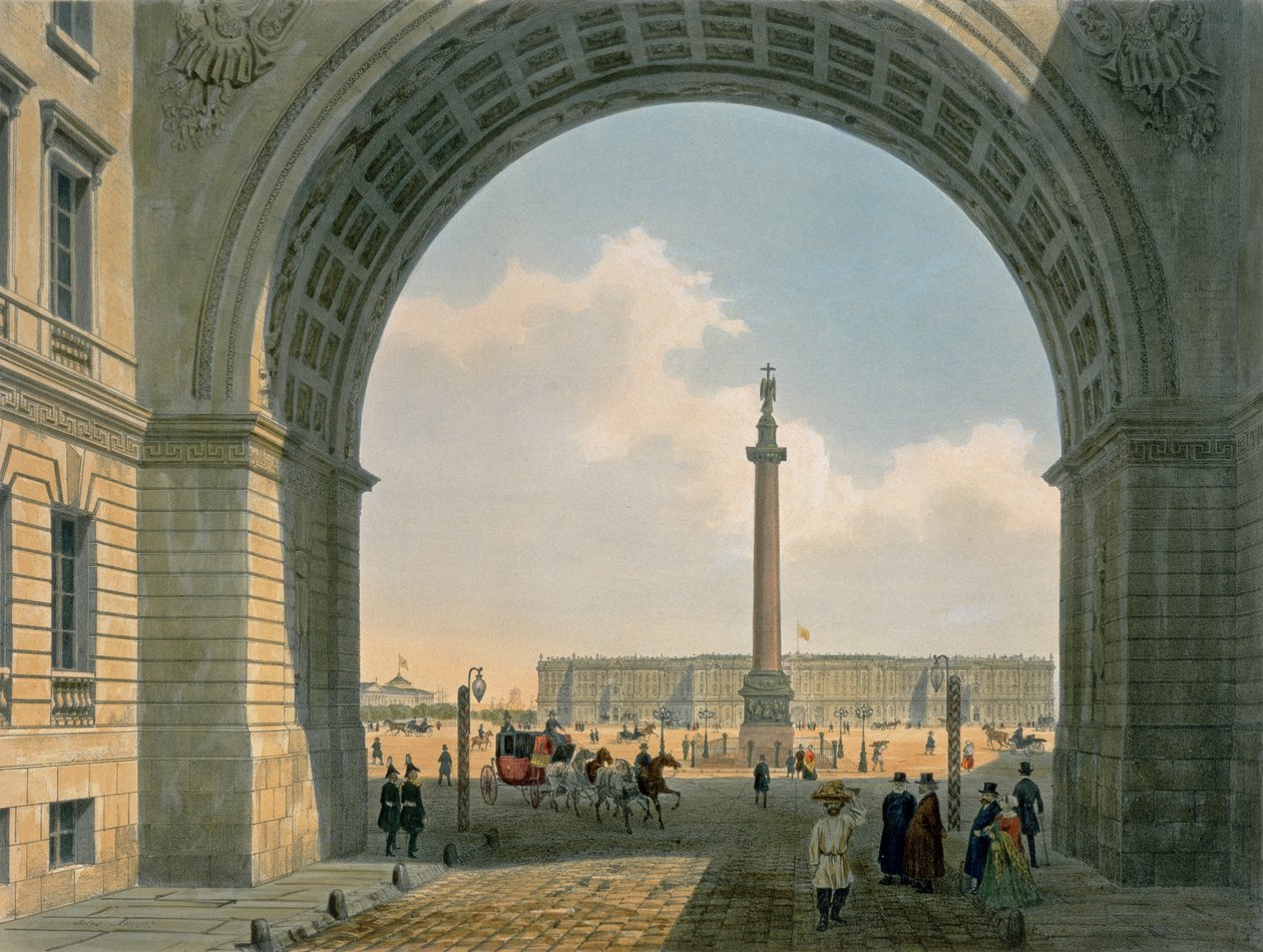 Palastplatz, Blick vom Bogen des Armeehauptquartiers, St. Petersburg, gedruckt von Lemercier, Paris, 1840er Jahre von Louis Jules Arnout