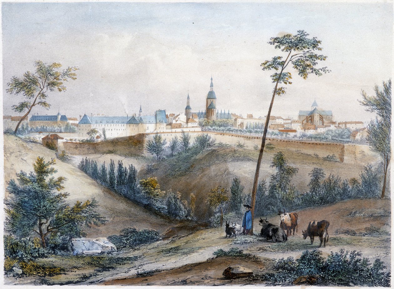 Bouvier auf dem bretonischen Land (Dinan in der Ferne) - Lithographie von Jacottet und Benoist von Louis Julien Jacottet