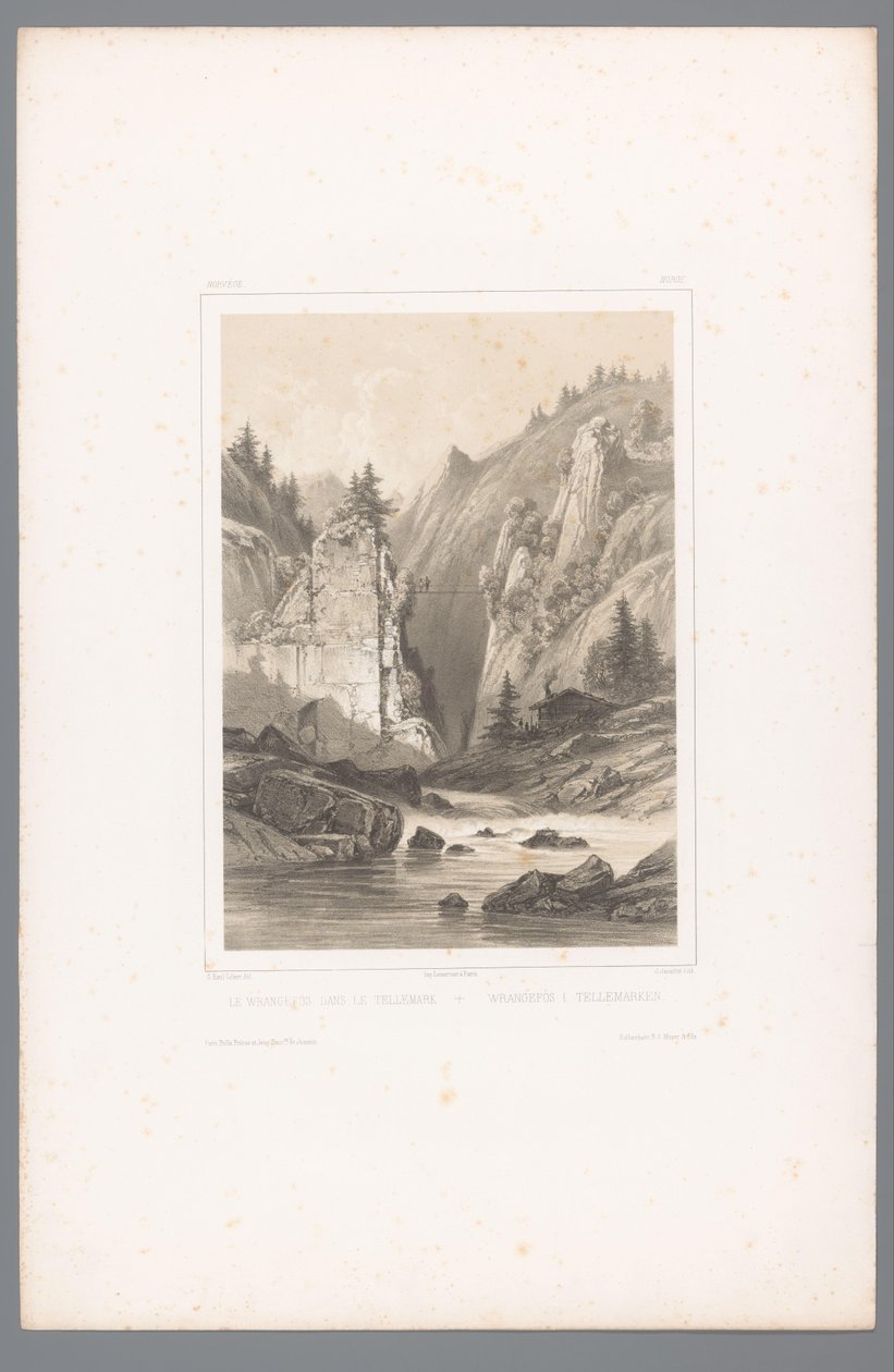 Ansicht einer Brücke über eine Felsschlucht in Telemark von Louis Julien Jacottet