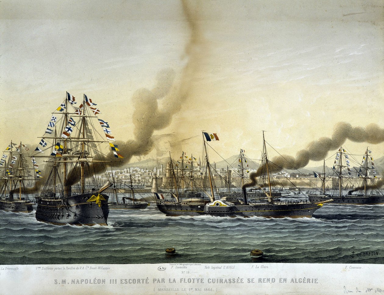 Napoleon III. eskortiert von der Schlachtflotte ging im September 1860 nach Algerien, Gravur von 1865. von Louis Le Breton