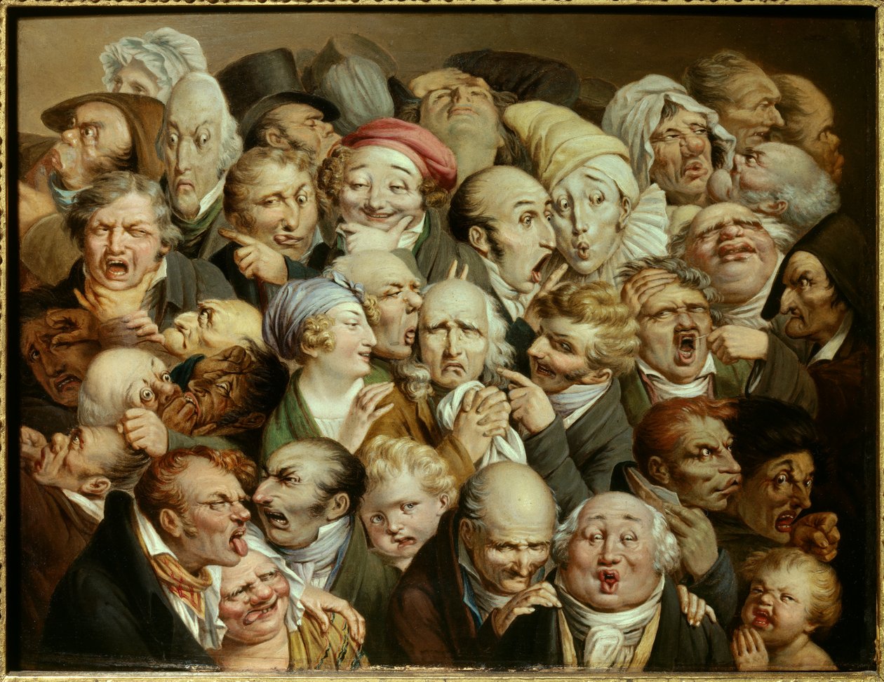 Karikatur: Serie lächerlicher Ausdrücke „Versammlung von 35 Ausdrucksköpfen“ von Louis Leopold Boilly
