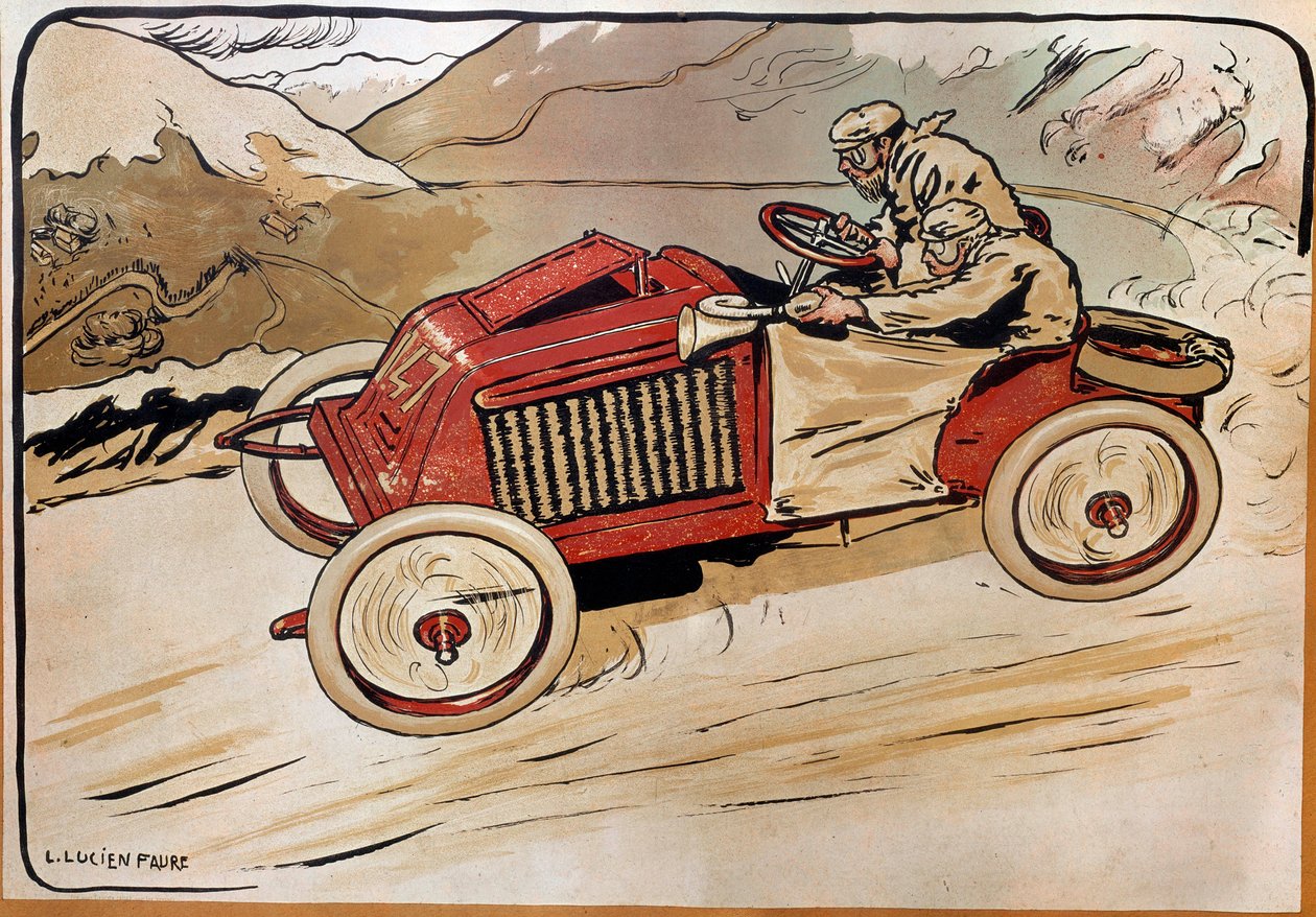 Automobil: ein Rennwagen. Marcel Renault (1872-1903) und René Vauthier überqueren die Alpen während des Rennens PARIS-WIEN 1902 im Auto 147. Lithographie von Louis Lucien Faure Dujarric (1872-?), 20. Jahrhundert. Conservatoire national des Arts et Métiers, von Louis Lucien Faure Dujarric