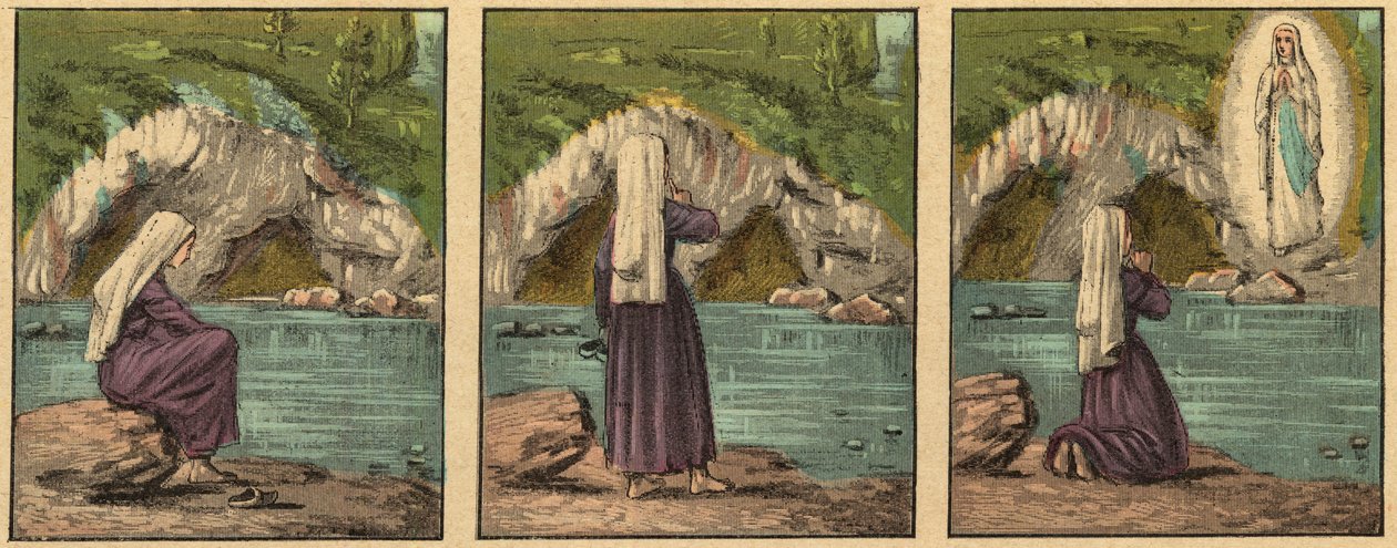 Die Erscheinung der Jungfrau Maria in Lourdes - Die Jungfrau erscheint Bernadette Soubirous (1844-1879) in Lourdes im Jahr 1858 - - Gravur aus Religiöse Lehre durch die Augen. Wunderbares Album von Louis Maitrejean und Georget Ramond - Frankreich 1910 von Louis Maitrejean