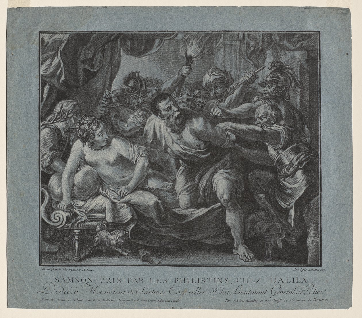 Samson wird von den Philistern im Haus von Delilah gefangen genommen von Louis Marin Bonnet