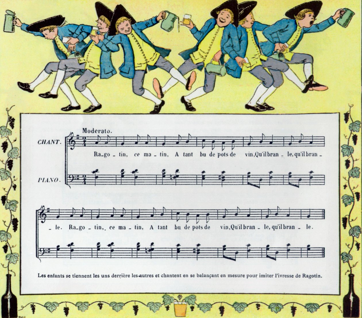 Partitur und Illustration von Louis Maurice Boutet de Monvel des Kinderliedes Ragotin von Louis Maurice Boutet de Monvel