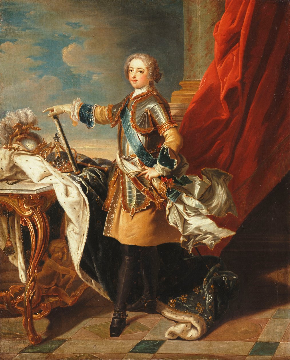 Porträt von König Ludwig XV., ganzfigurig, in halber Rüstung von Louis Michel van Loo