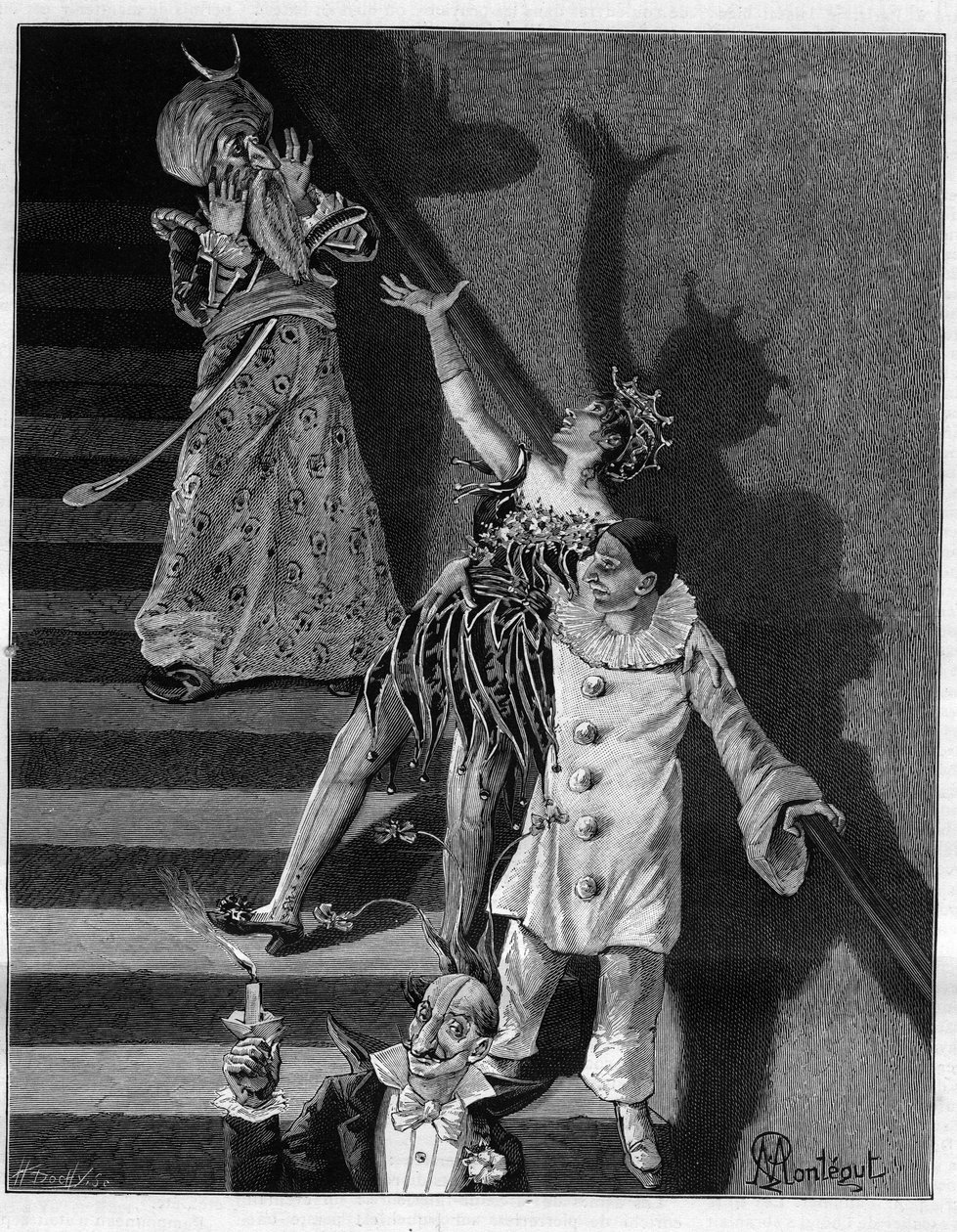 Am Abend des Maskenballs bebte die enge Treppe des Hotels unter dem Wahnsinn. In „Trente ans de Paris“, autobiografische Sammlung von Alphonse Daudet. Gravur nach Mon von Louis Montegut