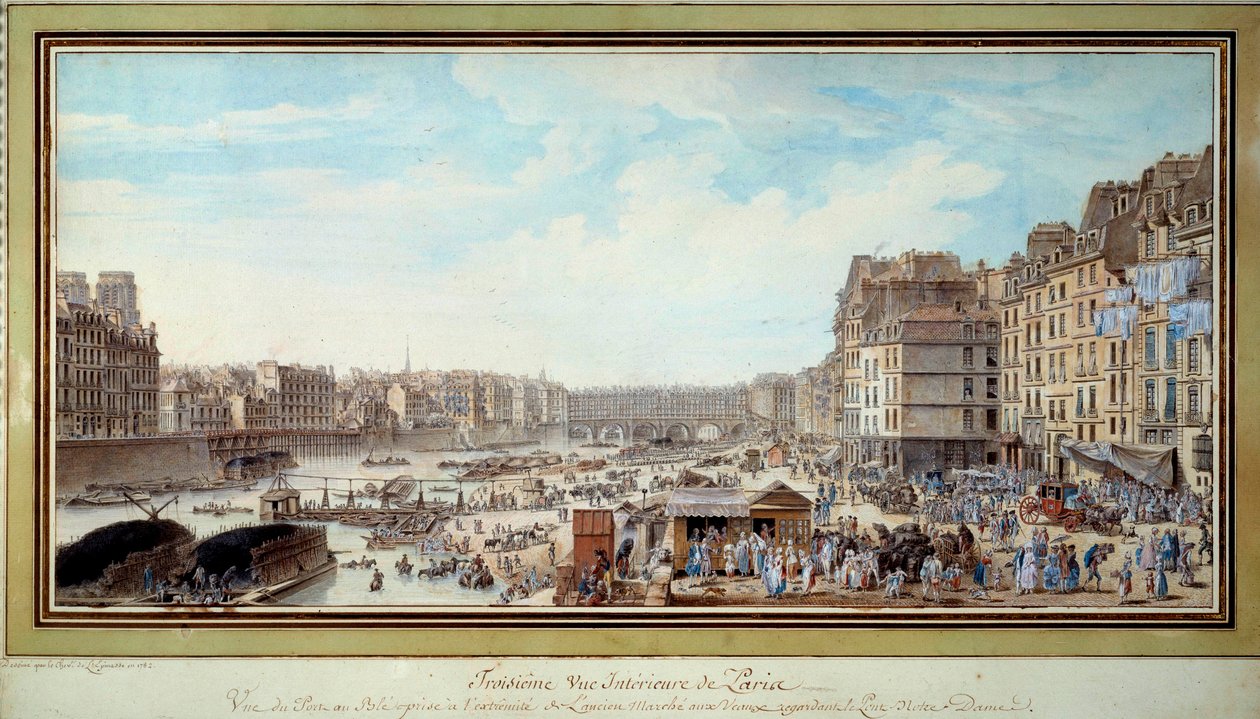 Ansicht des Hafens am Walfang, aufgenommen vom alten Marché aux veaux in Richtung der Brücke Notre-Dame in Paris Aquarell von Louis Nicolas de Lespinasse (1734-1808). 1782. Paris, Musée Carnavalet von Louis Nicolas de Lespinasse