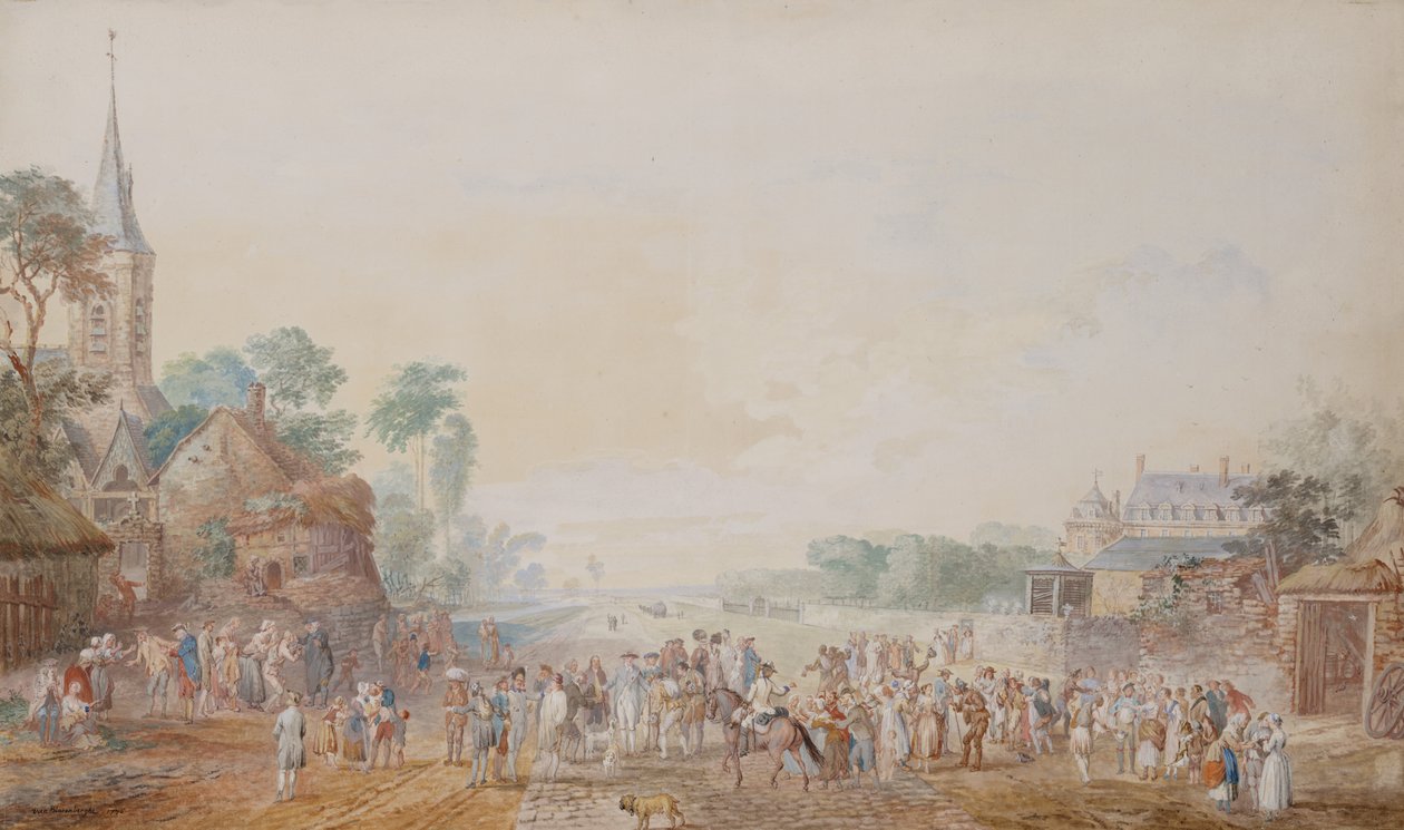 Der Herzog von Penthievre mit Benjamin Franklin an seiner rechten Seite bei einer Überprüfung seines Freiwilligenregiments neben seinem Schloss in Rambouillet von Louis Nicolas van Blarenberghe