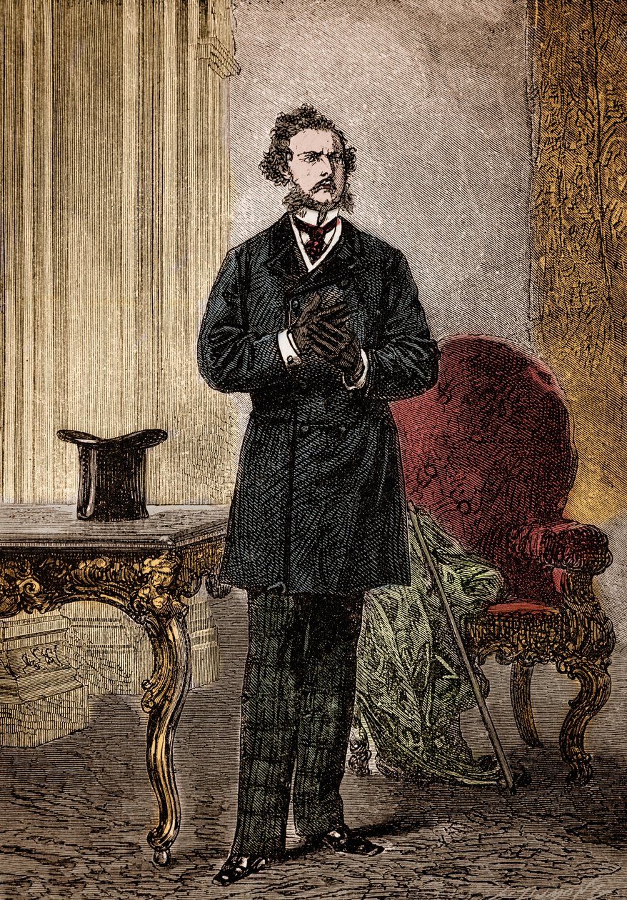 Porträt von Phileas Fogg, Charakter aus Le tour du monde en quatre-vingts jours, Abenteuerroman von Jules Verne, illustriert von Louis Paul Pierre Dumont (1822-1882) im Jahr 1872 (Phileas Fogg vom Frontispiz von In achtzig Tagen um die Welt von Jules Verne von Louis Paul Pierre Dumont