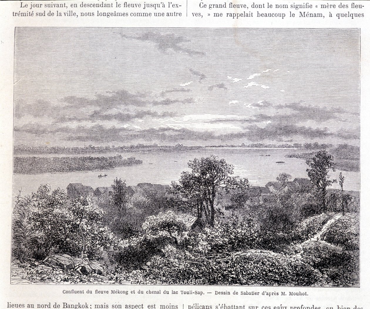 Zusammenfluss des Mekong-Flusses und des Touli-Sees - Zeichnung von Sabatier nach Mr. Mouhot. „Tour du monde“ von Louis Remy Sabatier