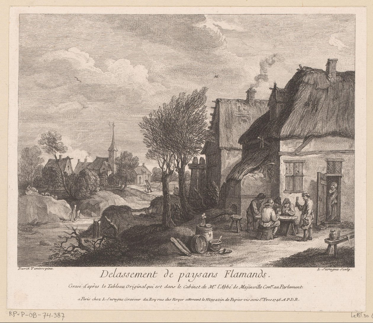 Flämische Dorfszene mit Bauern, die ein Kartenspiel spielen von Louis Surugue