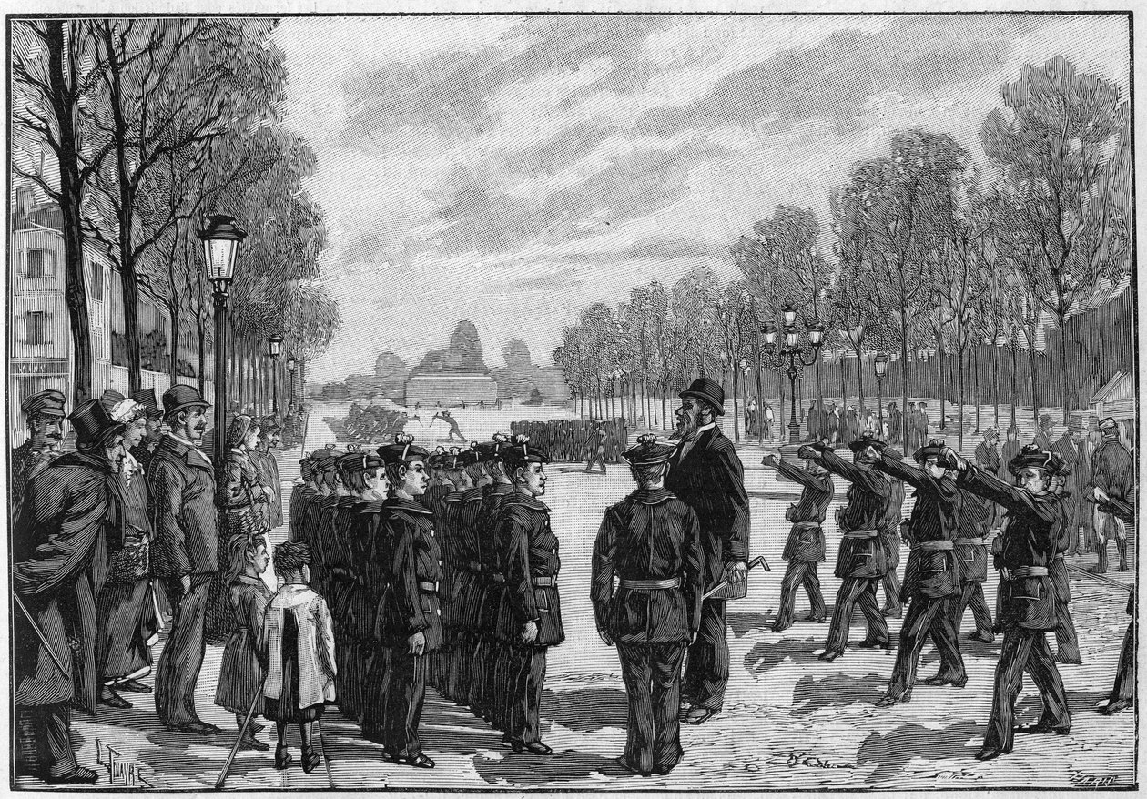 Übung der Schulbataillone auf dem Boulevard Saint Jacques in Paris von Louis Tinayre
