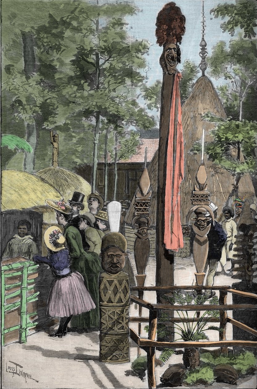Weltausstellung 1889 - Das kanakische Dorf auf der Esplanade des Invalides (die Kanaken während der Ausstellung: Menschlicher Zoo) - Zeichnung von Louis Tinayre (1861-1942) - in „Le Monde Illustré“ vom 22.07.1889. von Louis Tinayre