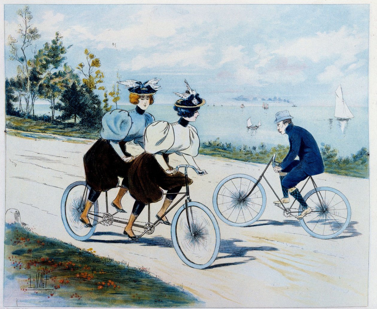 Sonntagsspaziergang. Fahrradtour: Ein Mann auf einem Fahrrad schaut zwei Frauen auf einem Tandem an. Zeichnung von Louis Vallet (1856 -?) von Louis Vallet