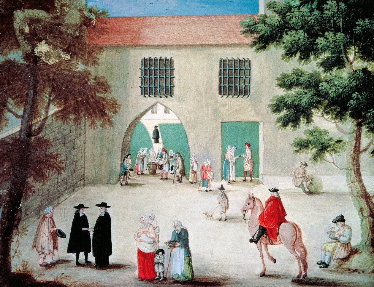 Hilfe für Arme vor der Abtei von Port-Royal des Champs, von Louise-Magdeleine Hortemels, Gouache, Frankreich von Louise Magdeleine Hortemels