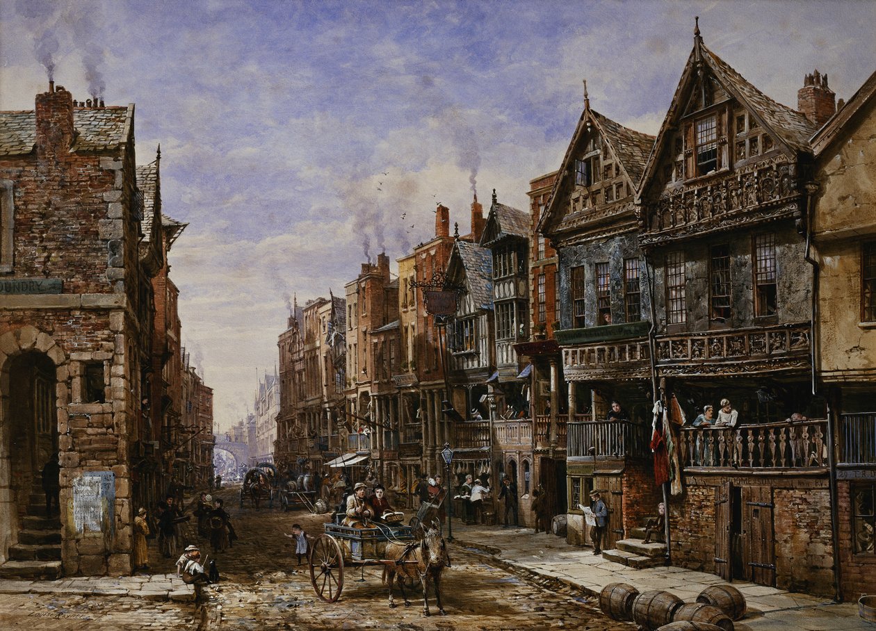 Chester: Watergate Street von der Ecke der Crook Street, mit Eastgate dahinter von Louise Ingram Rayner
