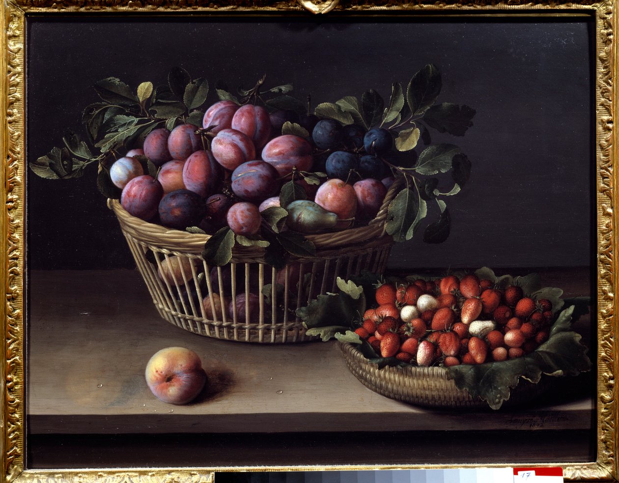 Ein Pfirsich, Erdbeeren und ein Korb mit Früchten von Louise Moillon