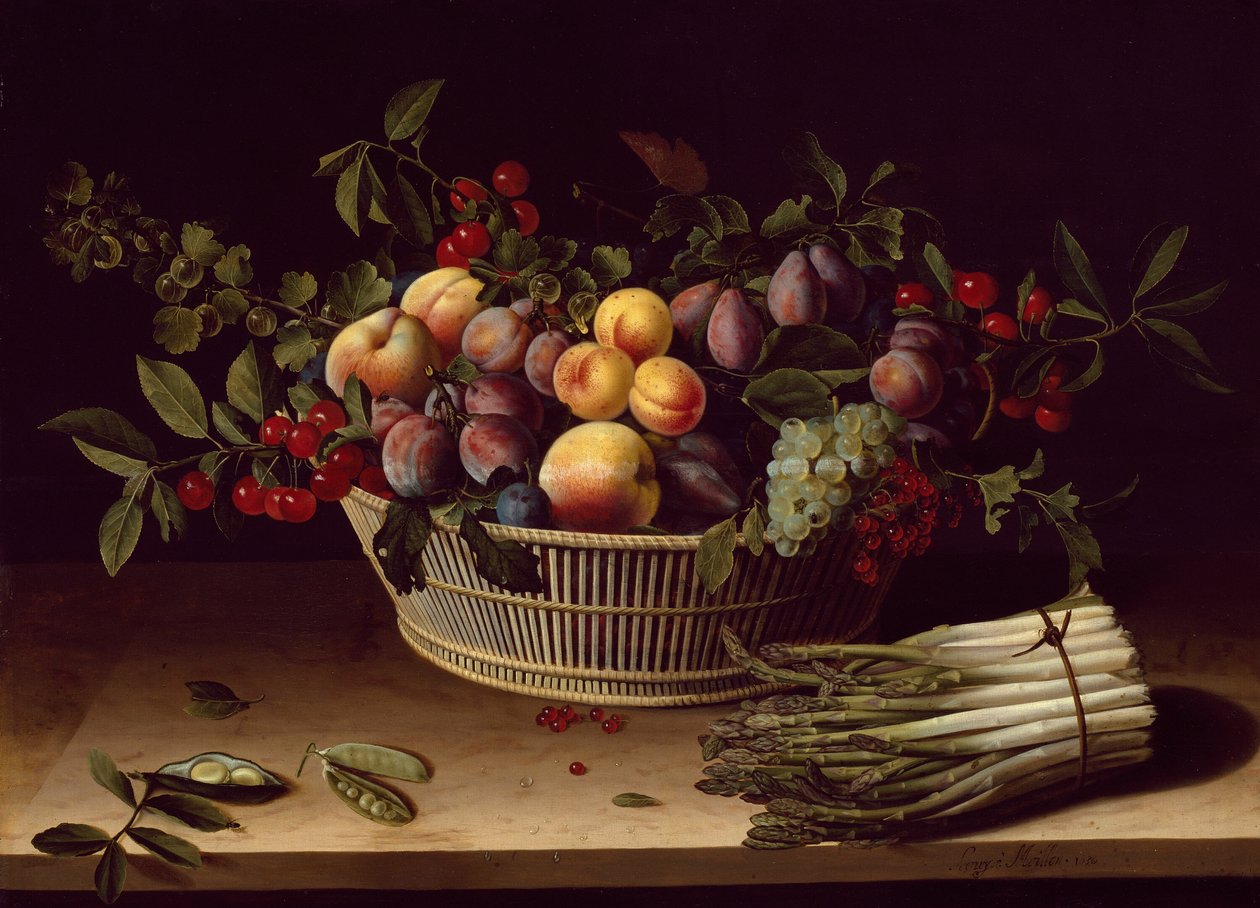 Stillleben mit einem Korb voller Früchte und einem Bund Spargel von Louise Moillon