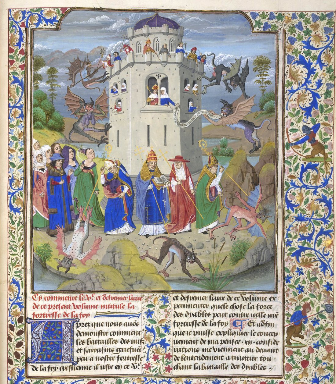 Festung des Glaubens Miniatur der Heiligen Gregor, Augustinus, Hieronymus und Ambrosius, die Dämonen bekämpfen, Spätes 15. Jahrhundert von Loyset Liedet